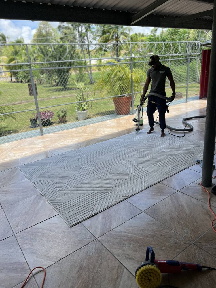 Rug being cleaned on a porch in Penal